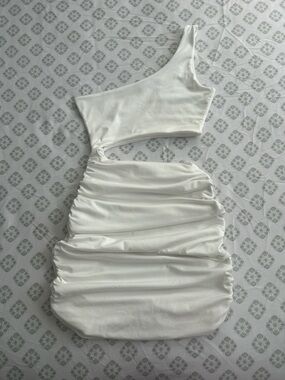 White One-Shoulder Cutout Ruched Mini Dress